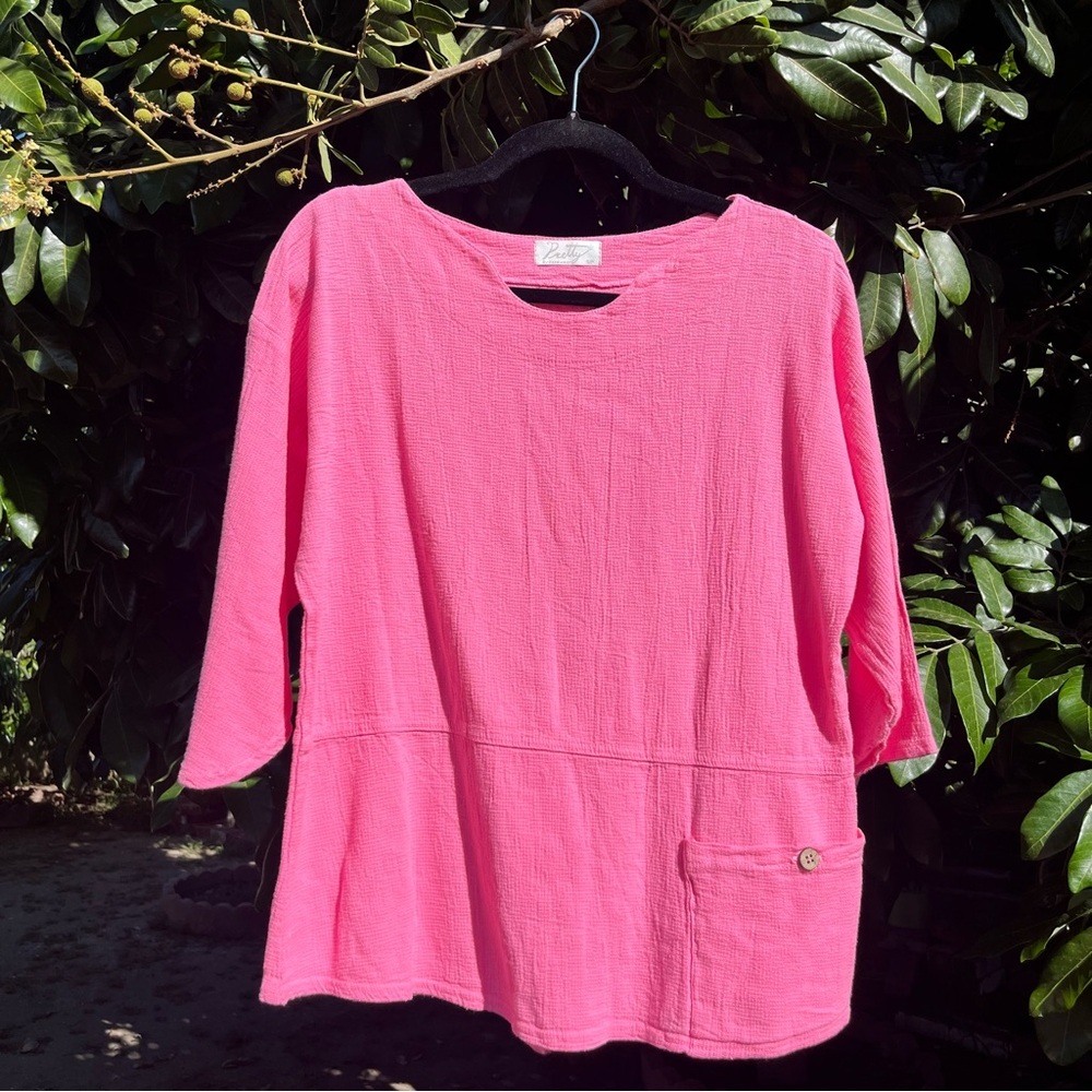PRETTY BY EZZEWEAR pink gauze‎ cotton boat neck long 3/4 sleeve boxy lagenlook